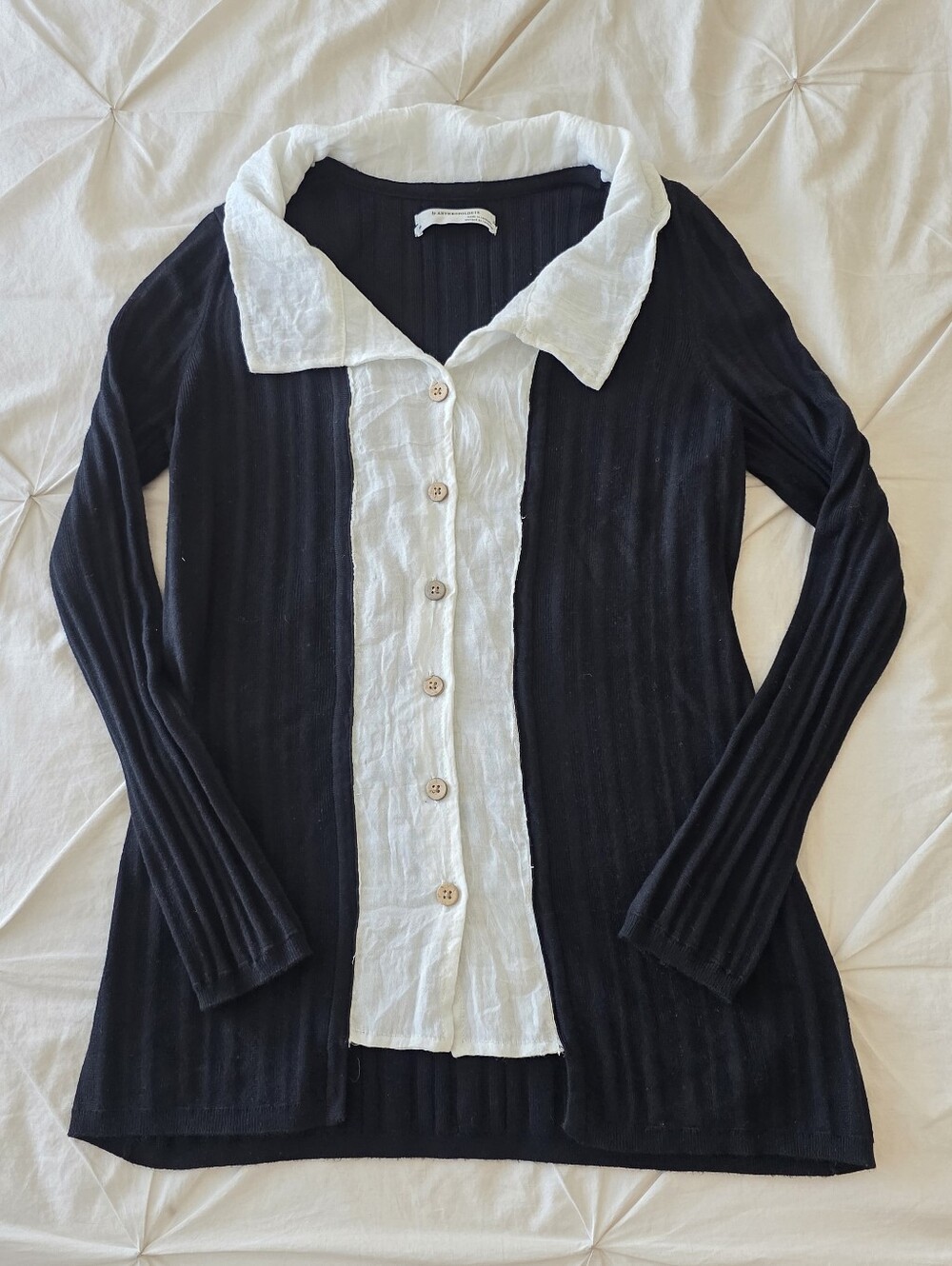 Anthropologie Ribbed Knit Button Front Collared Black Sweater - Picture 3 of 5